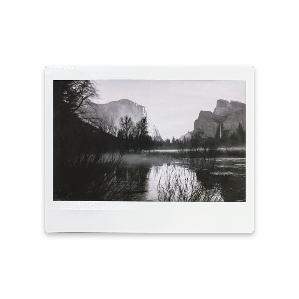 Instax Wide, black and white photo of Valley View at Yosemite National Park