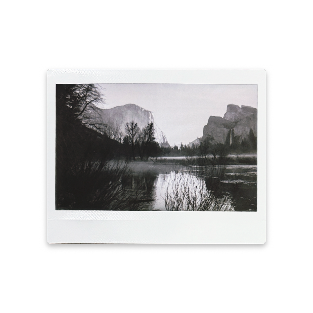 Instax Wide, black and white photo of Valley View at Yosemite National Park