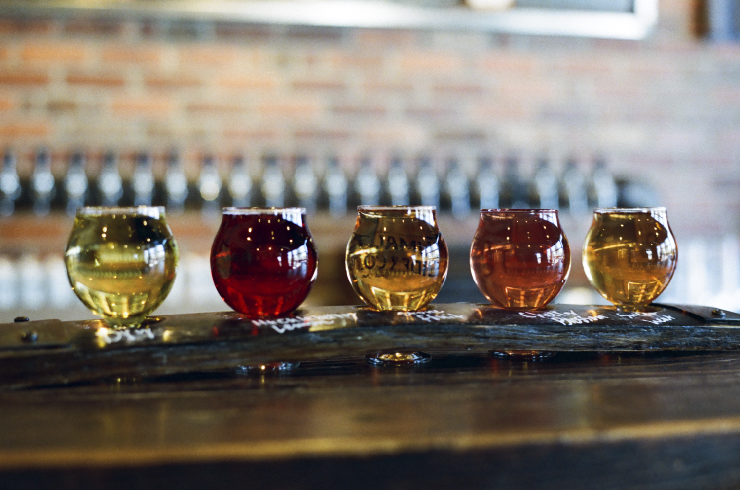 Samples of Tumalo Cider: From left to right, Dry, Huckleberry lemon, Stone fruit, Cherry blossom, and Sweet Heat, April 18th, 2026.